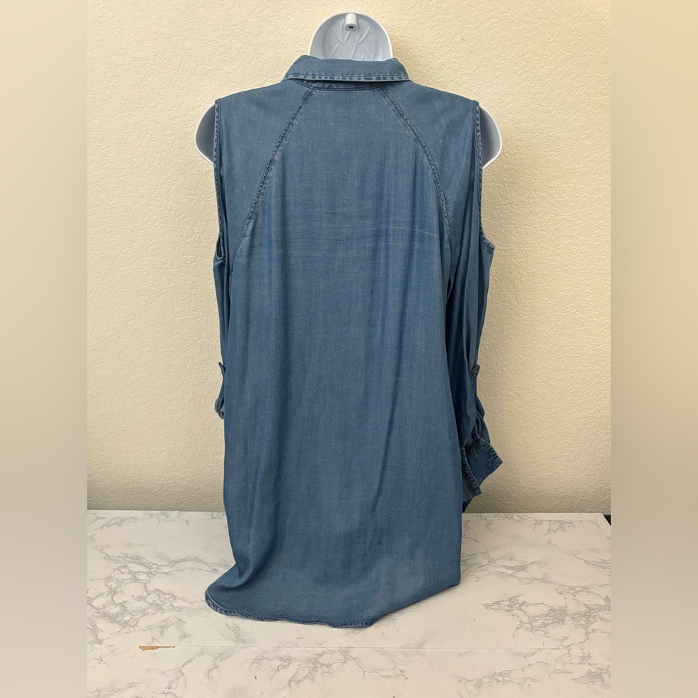 Style & Co Blue Chambray Top Women's S Button Down Sleeveless Cold Shoulder - Picture 3 of 5